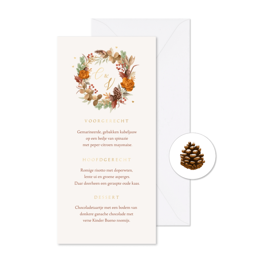 Menukaart trouwen herfst winter bloemen bladeren goud - Kaartimpressie