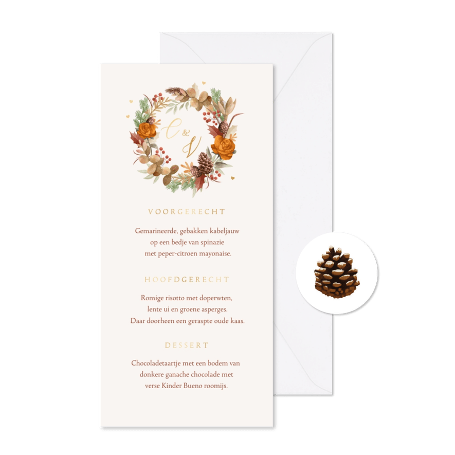 Menukaart trouwen herfst winter bloemen bladeren goud - Kaartimpressie