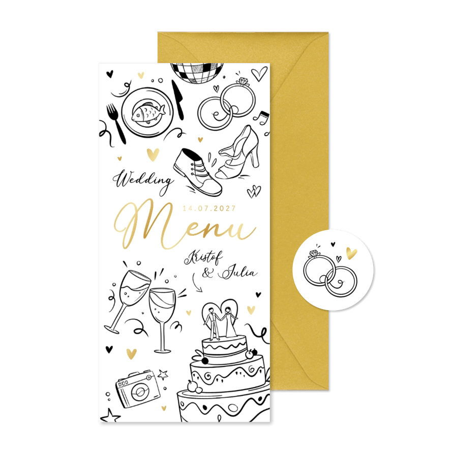 Menukaart trouwen illustratie doodle goud hartjes - Kaartimpressie