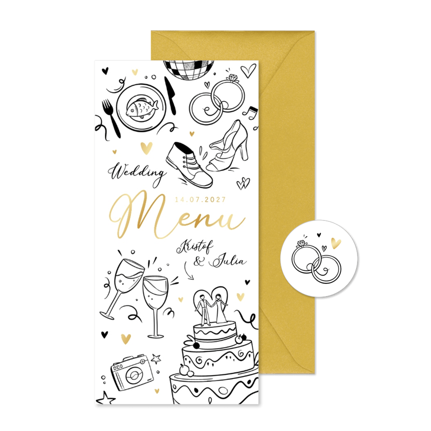 Menukaart trouwen illustratie doodle goud hartjes - Kaartimpressie