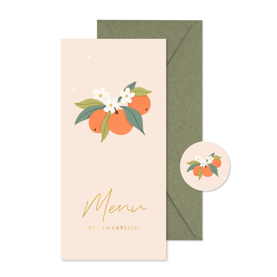Menukaart trouwen oranje met mandarijnen en goud - Kaartimpressie