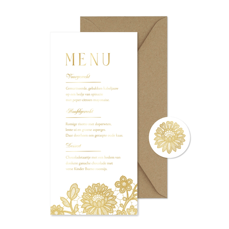 Menukaart trouwen vintage kant goud bloemen - Kaartimpressie