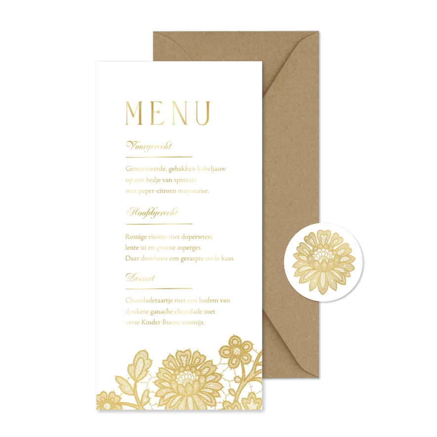 Menukaart trouwen vintage kant goud bloemen - Kaartimpressie