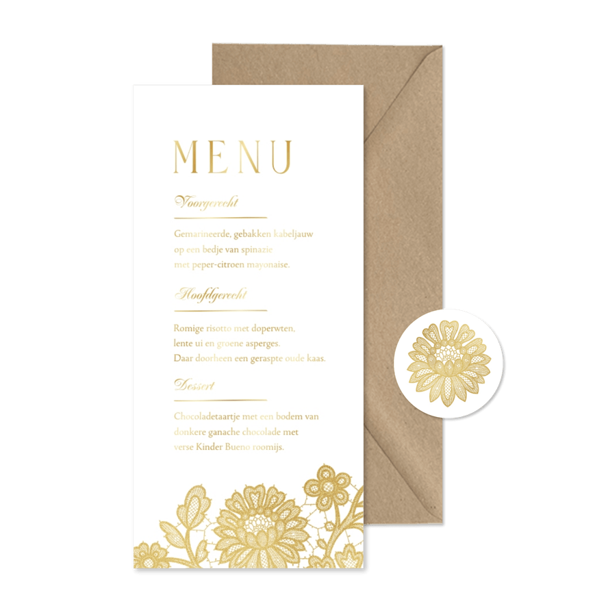 Menukaart trouwen vintage kant goud bloemen - Kaartimpressie