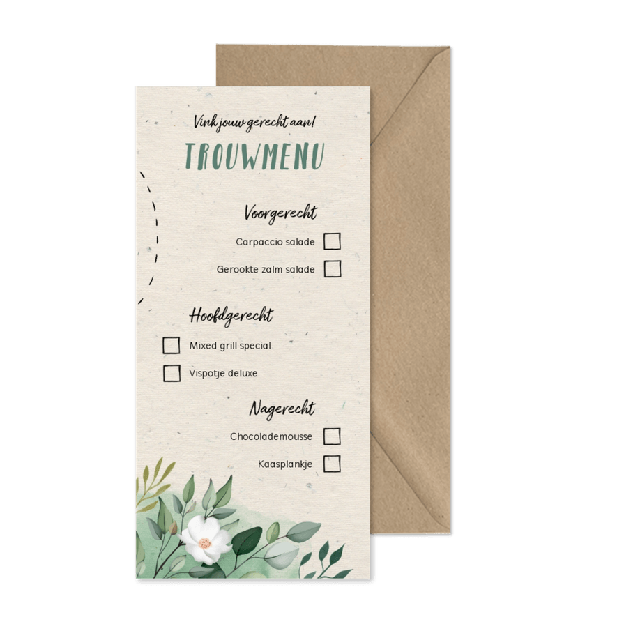 Menukaart trouwmenu botanisch doodle vinkjes - Kaartimpressie