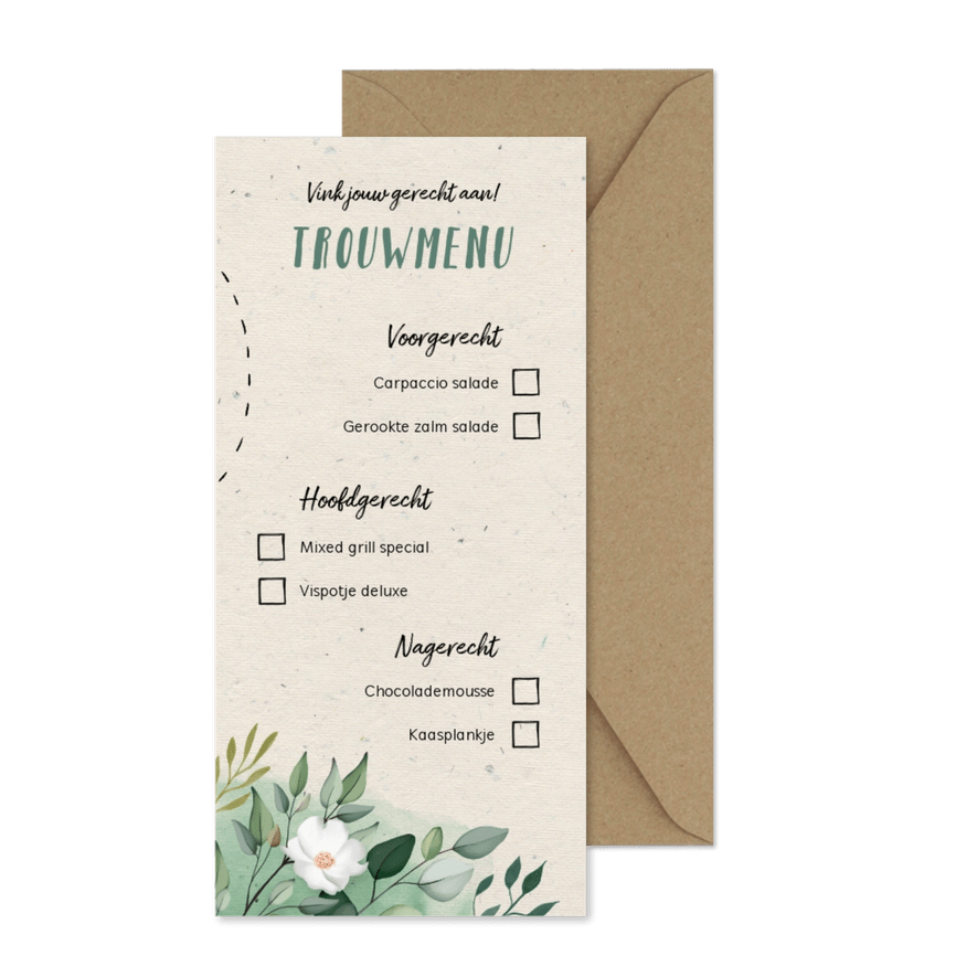 Menukaart trouwmenu botanisch doodle vinkjes - Kaartimpressie