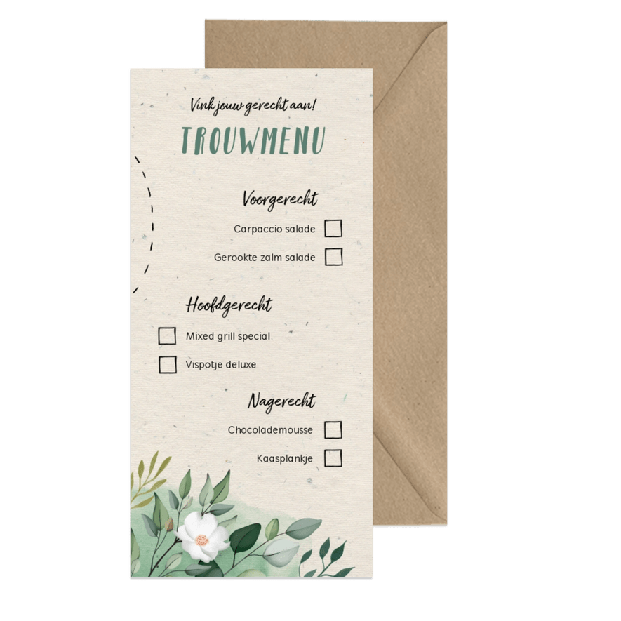 Menukaart trouwmenu botanisch doodle vinkjes - Kaartimpressie