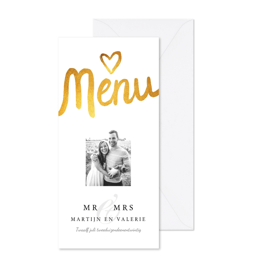 Menukaart trouwmenu eigen foto klassiek met goud - Kaartimpressie