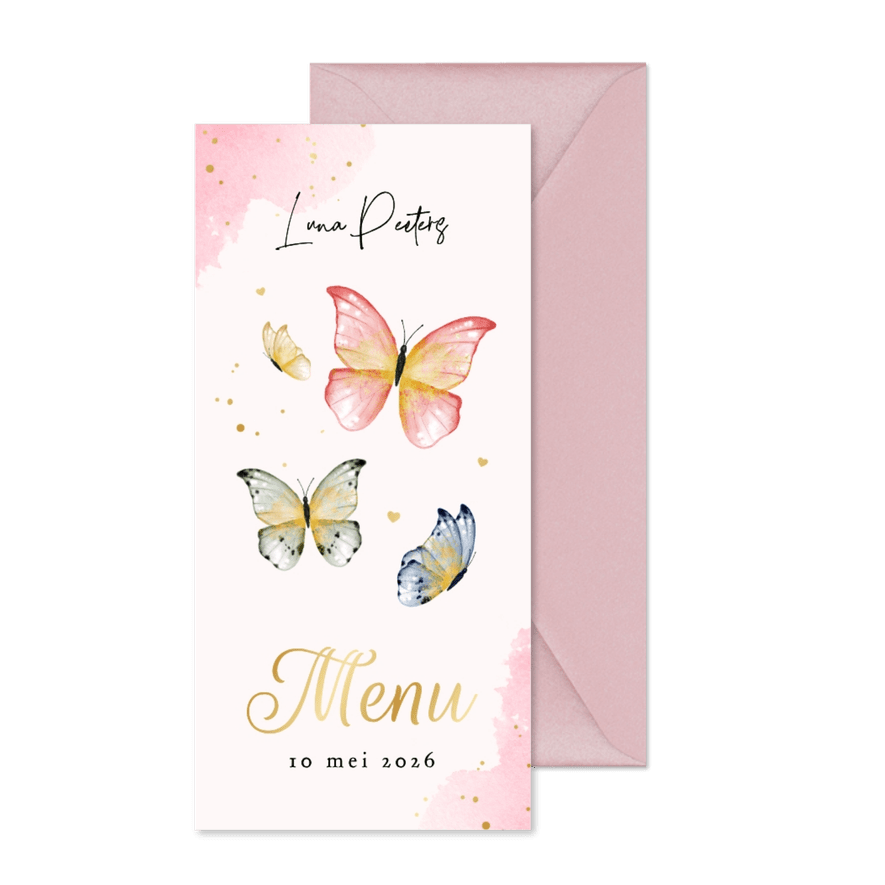 Menukaart vlinders waterverf hartjes goud feestje - Kaartimpressie