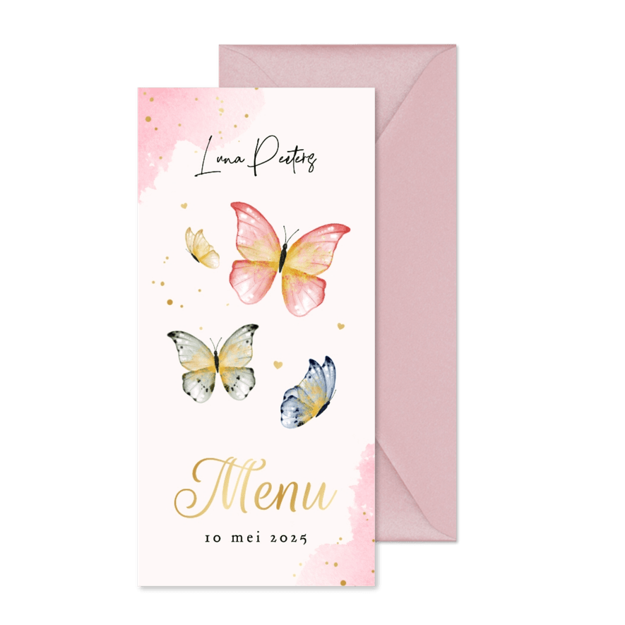 Menukaart vlinders waterverf hartjes goud feestje - Kaartimpressie