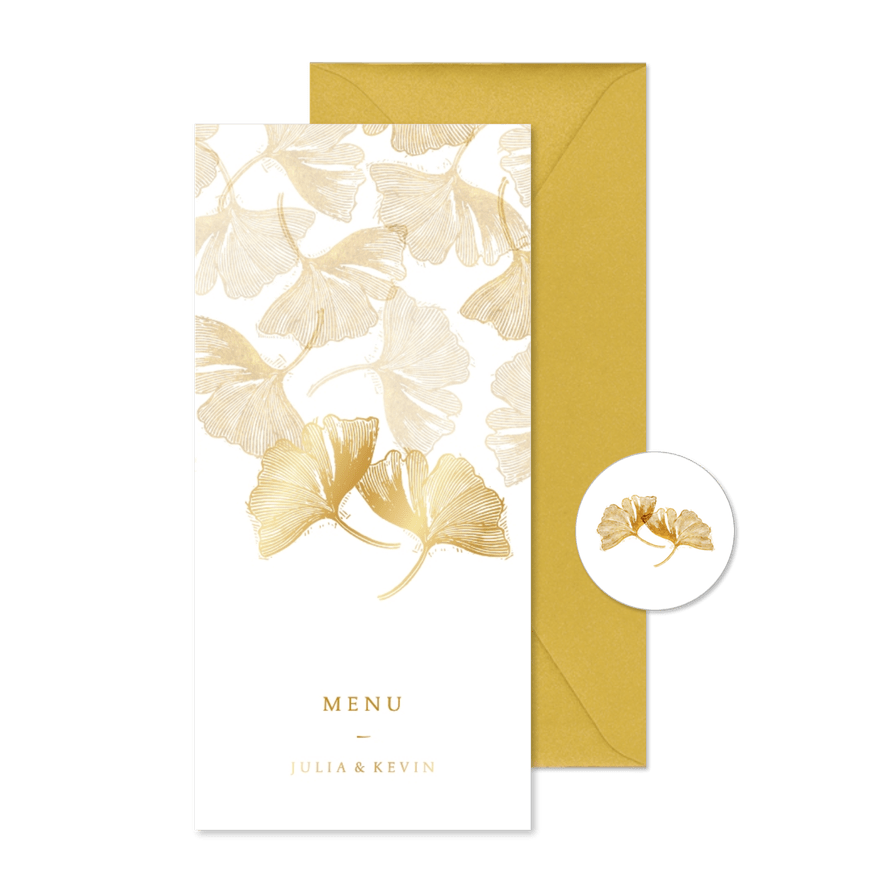 Menukaart voor bruiloft ginkgoblad stempel - Kaartimpressie