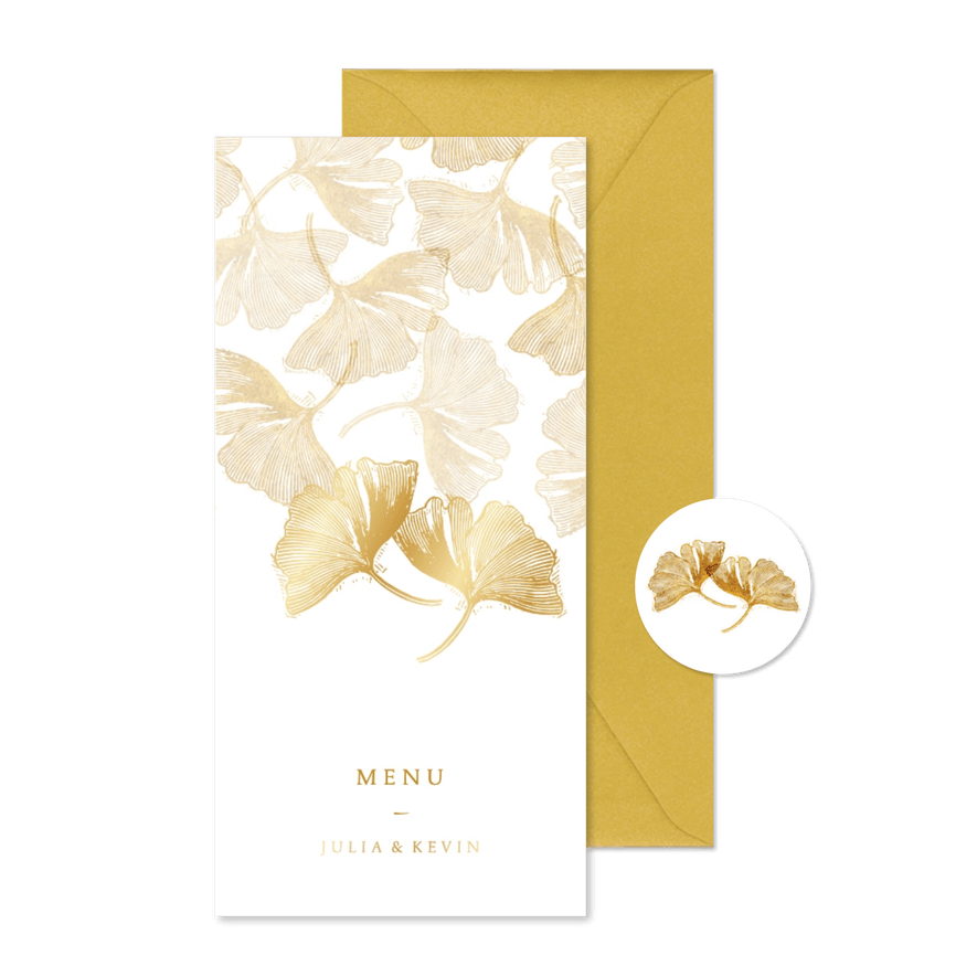 Menukaart voor bruiloft ginkgoblad stempel - Kaartimpressie