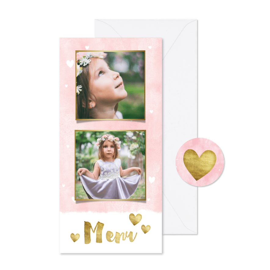 Menukaart voor eerste communie met waterverf en hartjes - Kaartimpressie