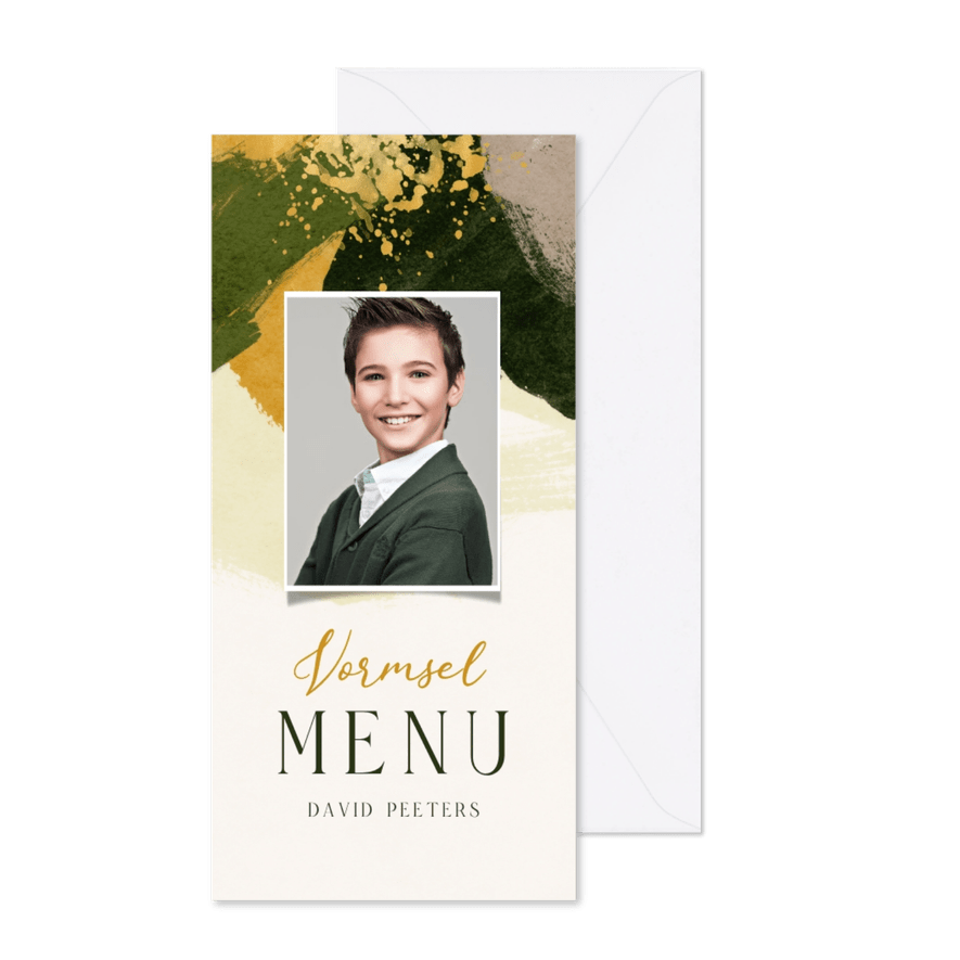 Menukaart vormsel verf stijlvol goud foto - Kaartimpressie