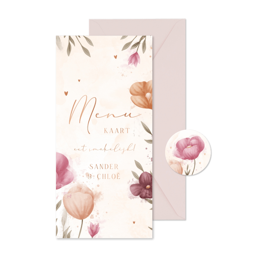 Menukaart waterverf bloemen met koperen hartje - Kaartimpressie