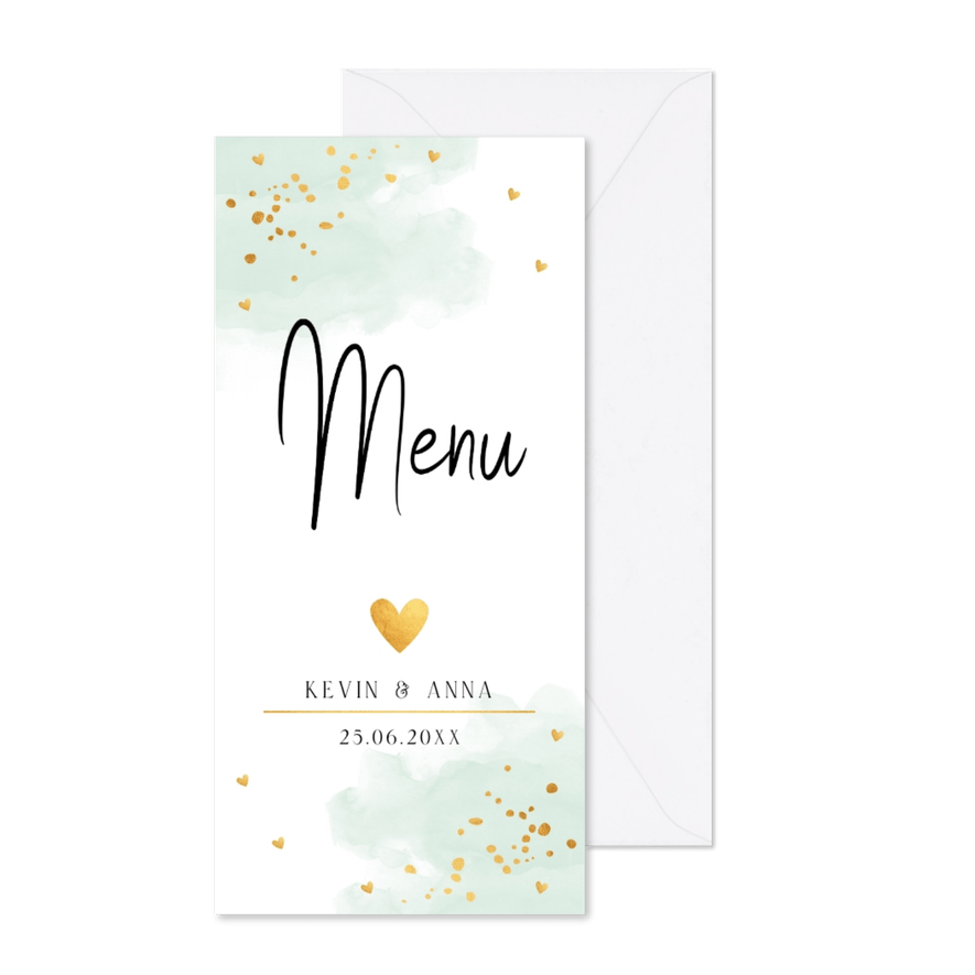 Menukaart waterverf mintgroen goudlook hartjes langwerpig - Kaartimpressie