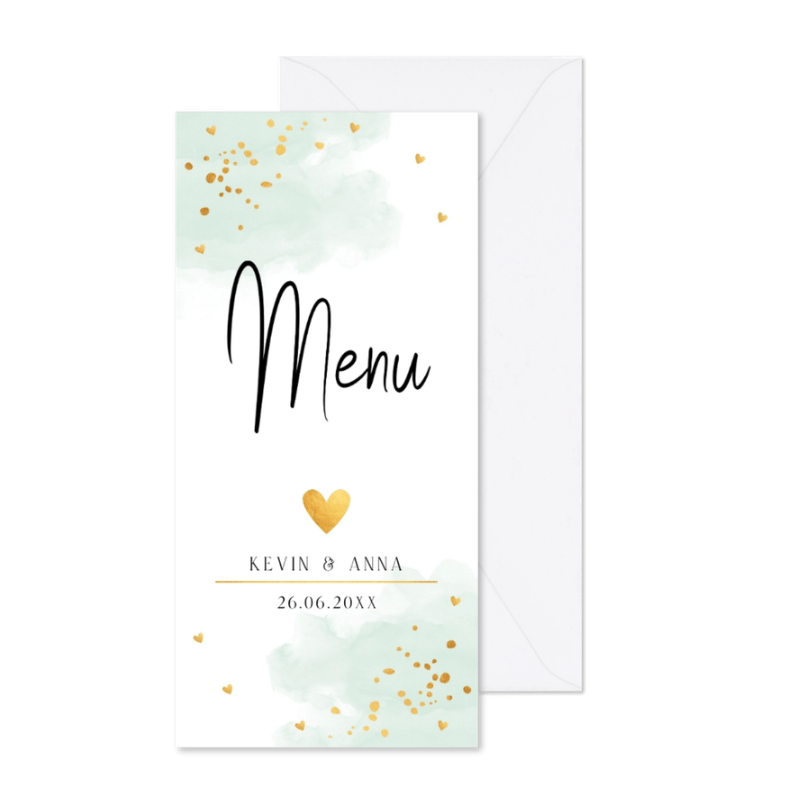 Menukaart waterverf mintgroen goudlook hartjes langwerpig - Kaartimpressie