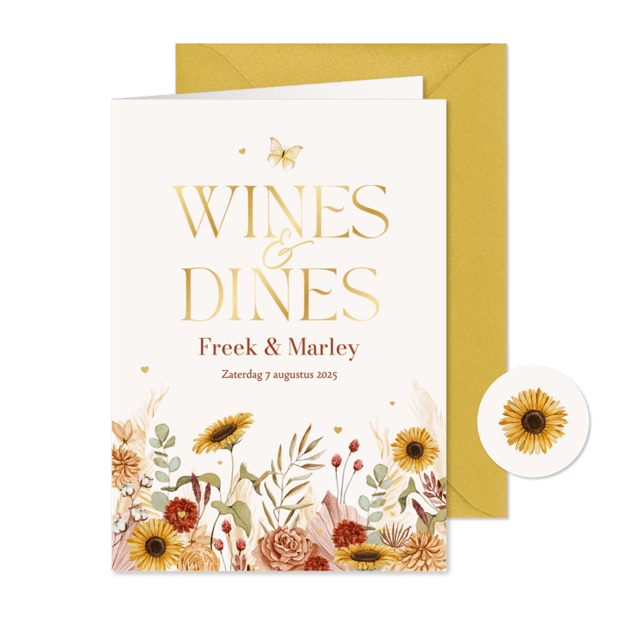 Menukaart wines dines bohemian bloemen vlinders hartjes goud - Kaartimpressie