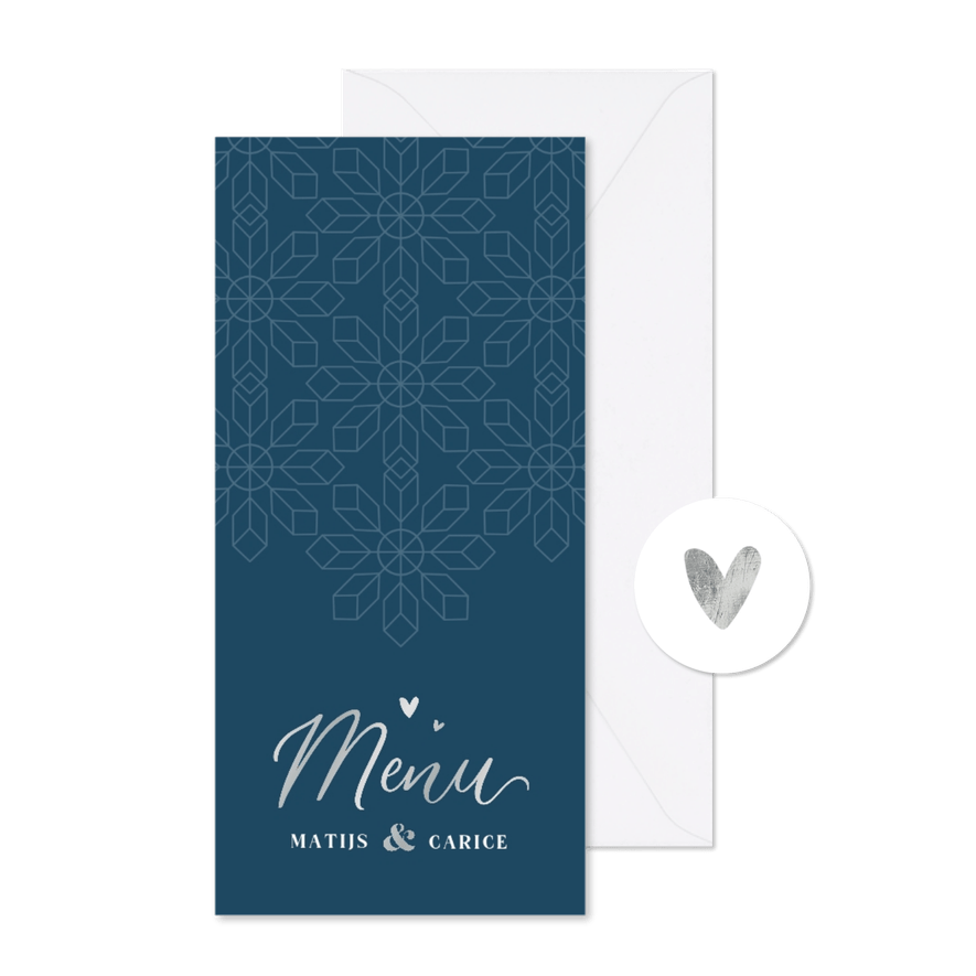 Menukaart winter bruiloft patroon sneeuwvlokken zilver - Kaartimpressie
