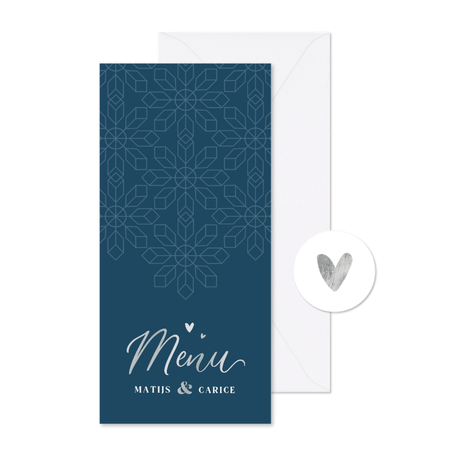 Menukaart winter bruiloft patroon sneeuwvlokken zilver - Kaartimpressie