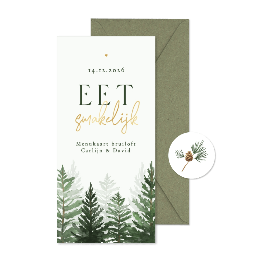 Menukaart winter wedding bruiloft dennenbomen bos goud - Kaartimpressie
