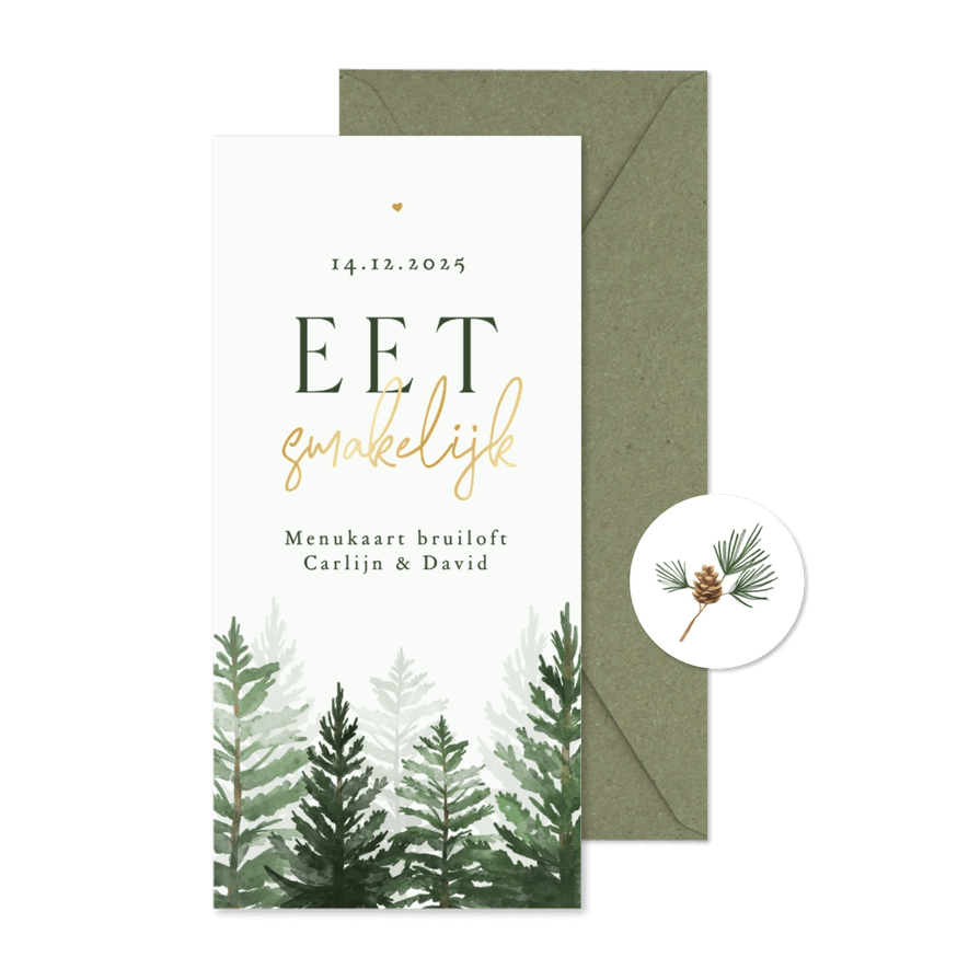Menukaart winter wedding bruiloft dennenbomen bos goud - Kaartimpressie