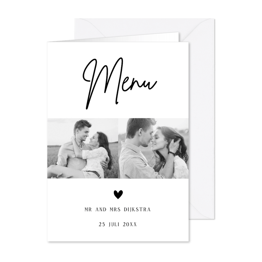 Menukaart zwart-wit foto hartje - Kaartimpressie