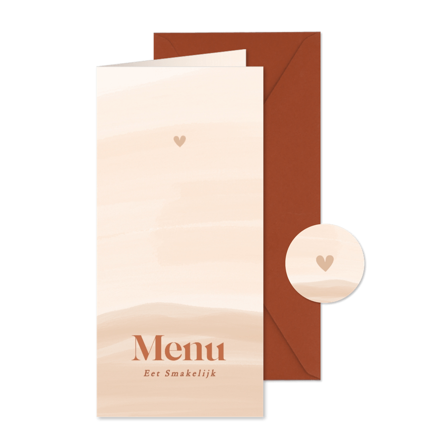 Menukaartje bruiloft met waterverf in beige oranje tinten - Kaartimpressie