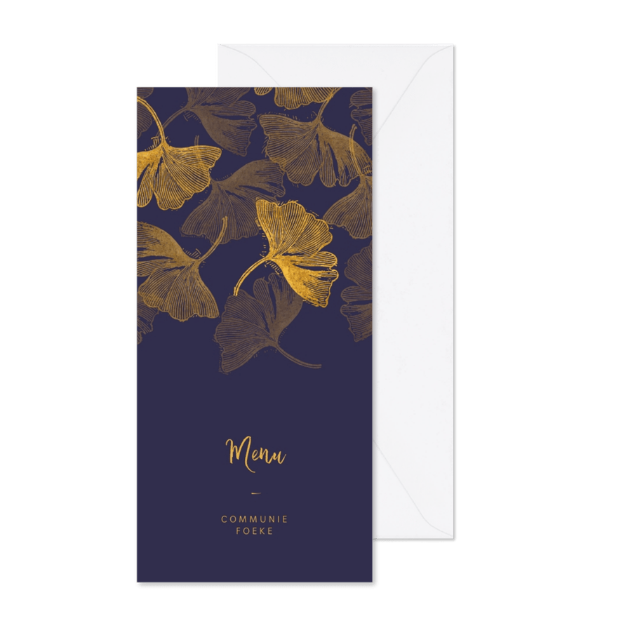 Menukaartje communie ginkgo blauw - Kaartimpressie