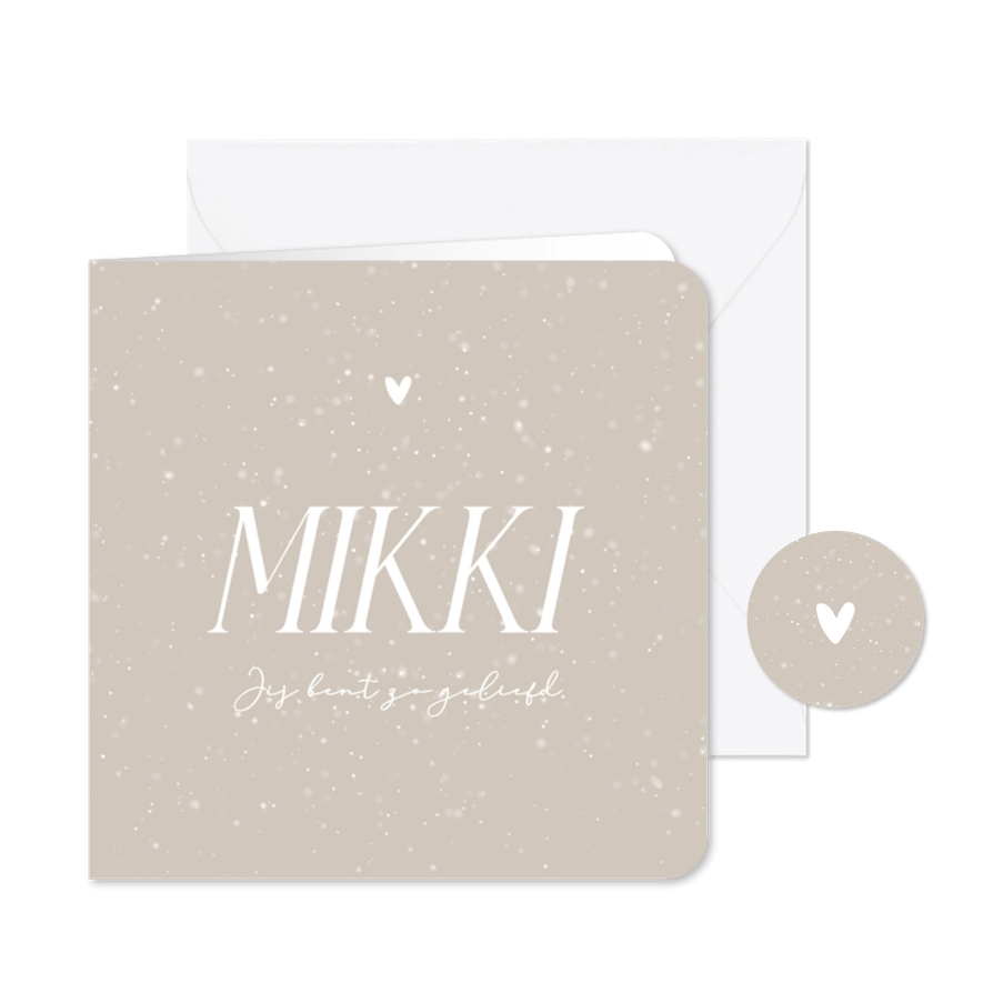 Minimalistisch beige geboortekaartje met witte spikkels - Kaartimpressie