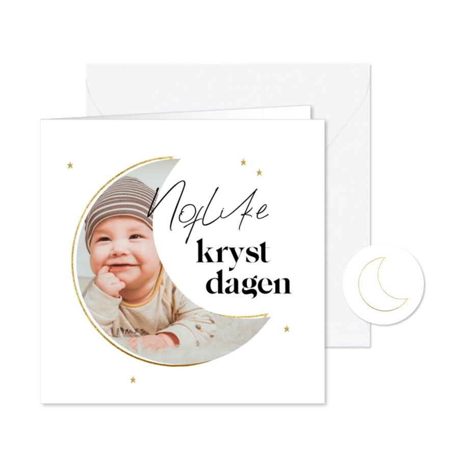 Minimalistisch Fries kerstkaartje met foto in maankader - Kaartimpressie