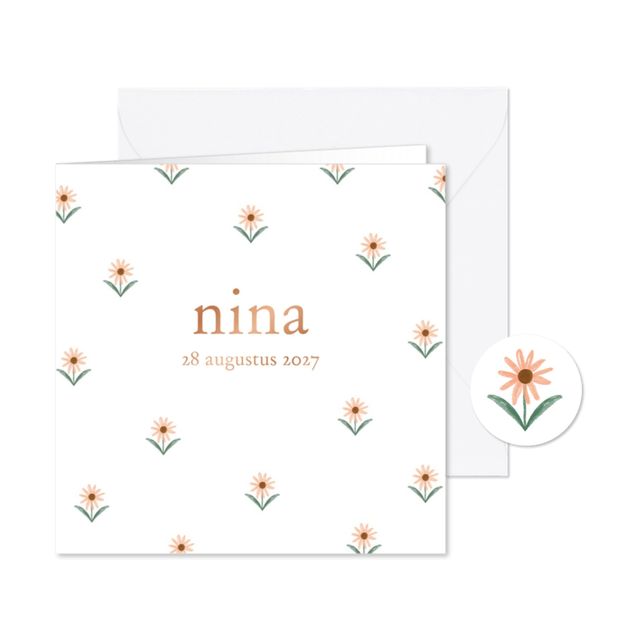 Minimalistisch geboortekaartje bloemenweide koperfolie - Kaartimpressie