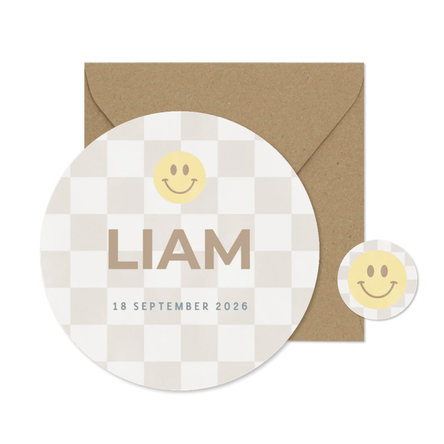 Minimalistisch geboortekaartje gele smiley en beige blokjes - Kaartimpressie