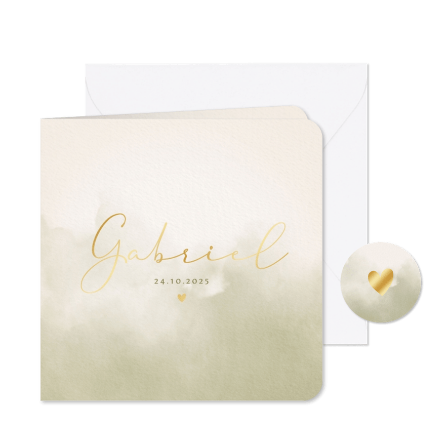 Minimalistisch geboortekaartje groene waterverf en hartje - Kaartimpressie