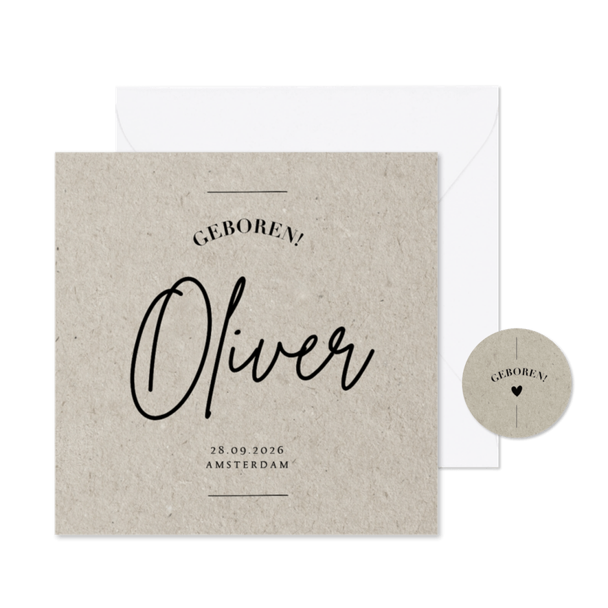 Minimalistisch geboortekaartje kraft moderne typografie - Kaartimpressie