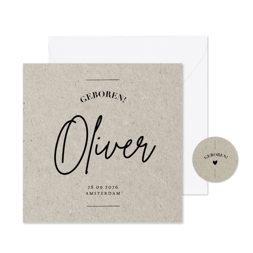 Minimalistisch geboortekaartje kraft moderne typografie - Kaartimpressie