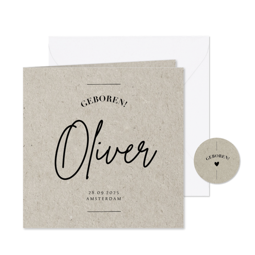 Minimalistisch geboortekaartje kraft moderne typografie - Kaartimpressie