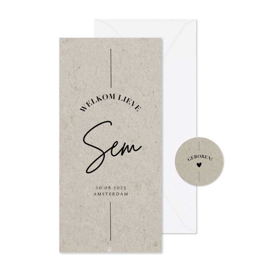 Minimalistisch geboortekaartje langwerpig kraft moderne typo - Kaartimpressie