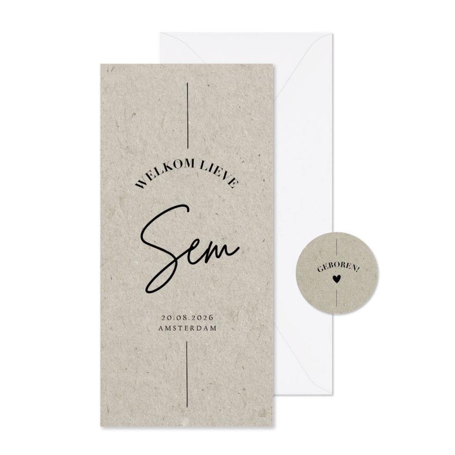 Minimalistisch geboortekaartje langwerpig kraft moderne typo - Kaartimpressie