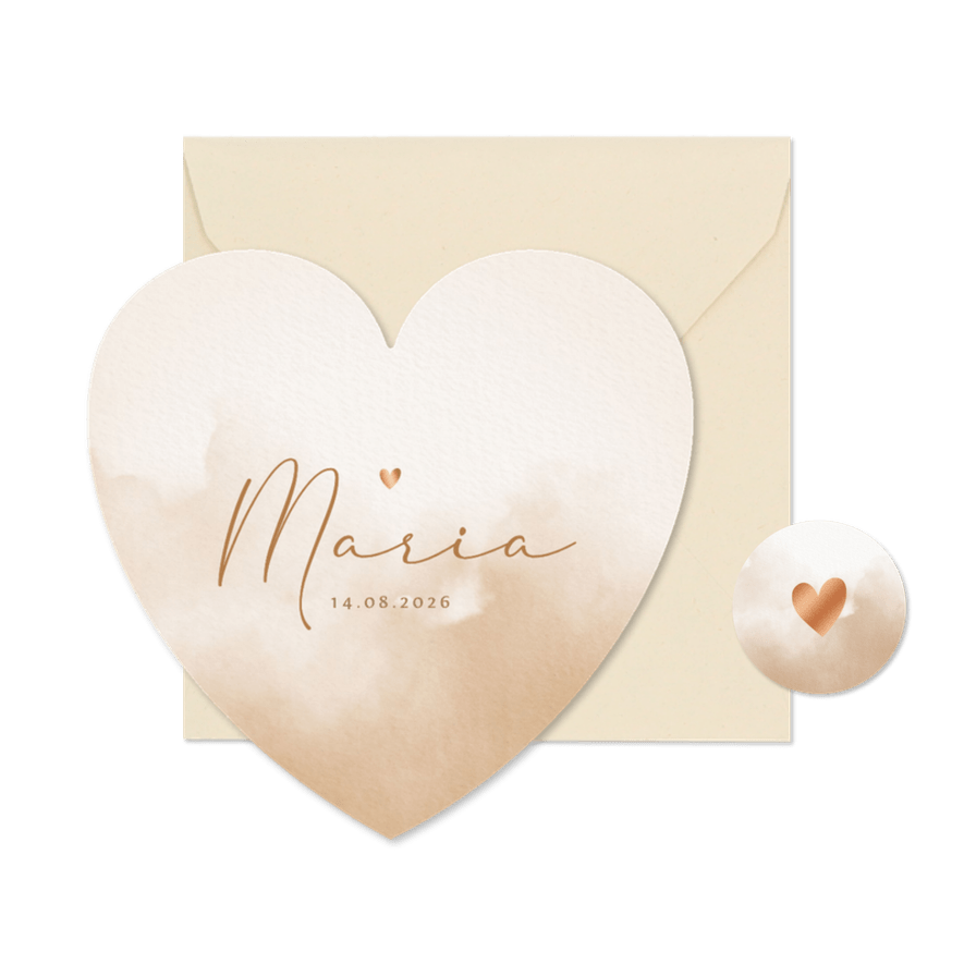 Minimalistisch geboortekaartje meisje waterverf en hartje - Kaartimpressie