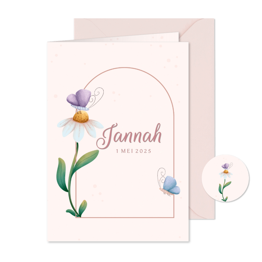 Minimalistisch geboortekaartje met bloem en vlinders - Kaartimpressie
