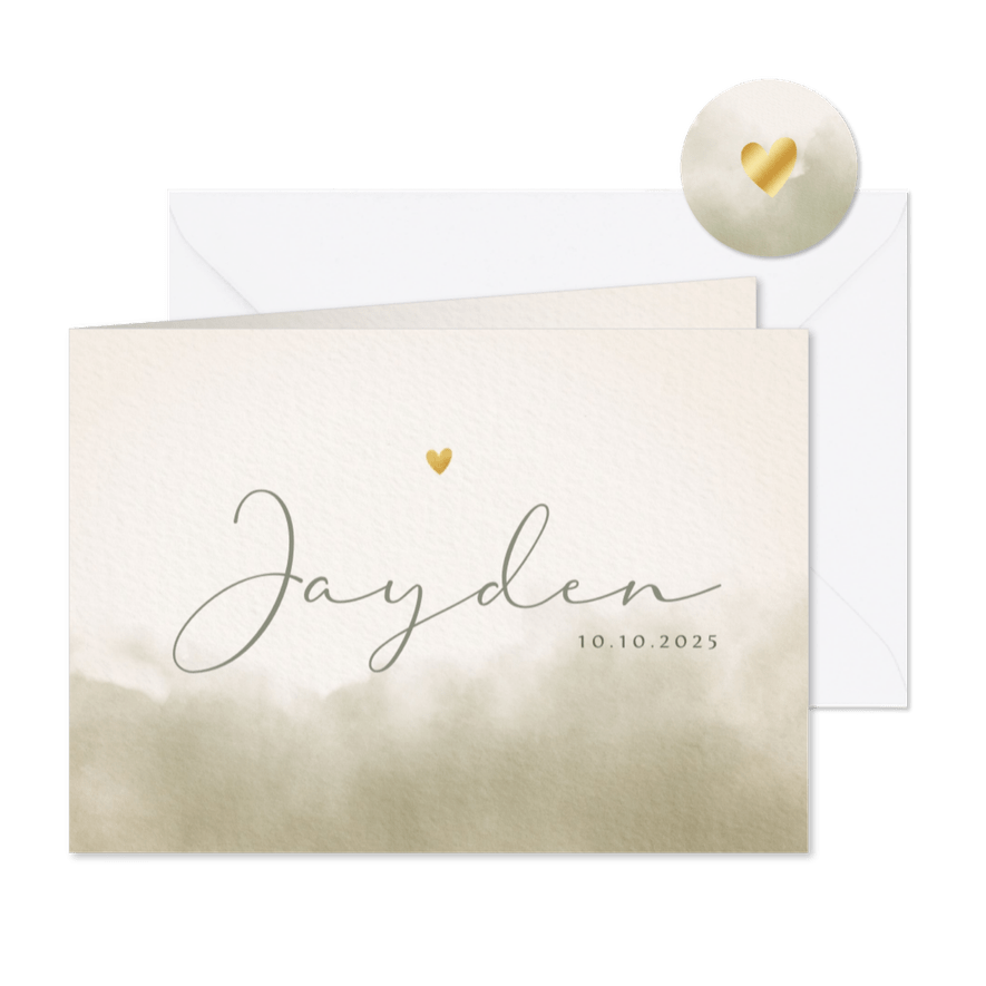 Minimalistisch geboortekaartje met groene waterverf & hartje - Kaartimpressie