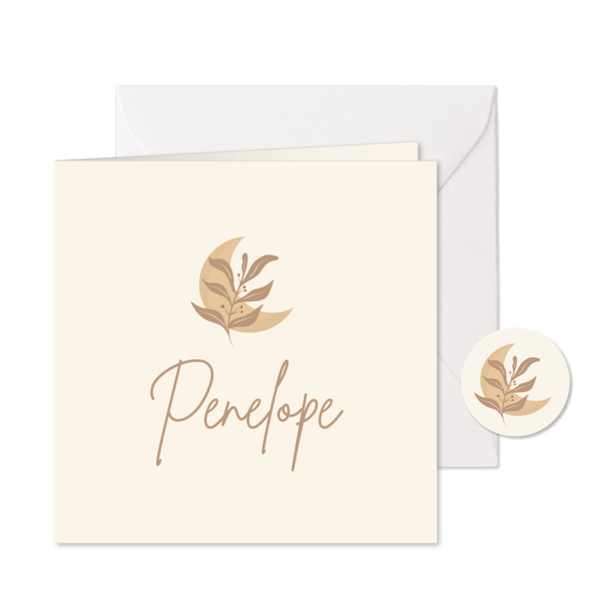 Minimalistisch geboortekaartje met maantje en takje - Kaartimpressie