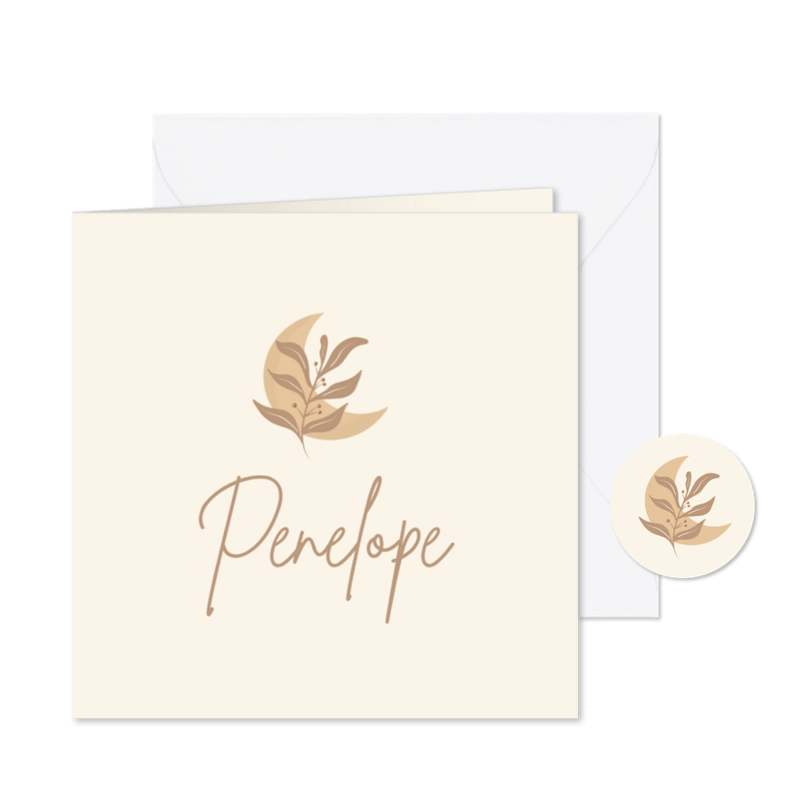 Minimalistisch geboortekaartje met maantje en takje  - Kaartimpressie