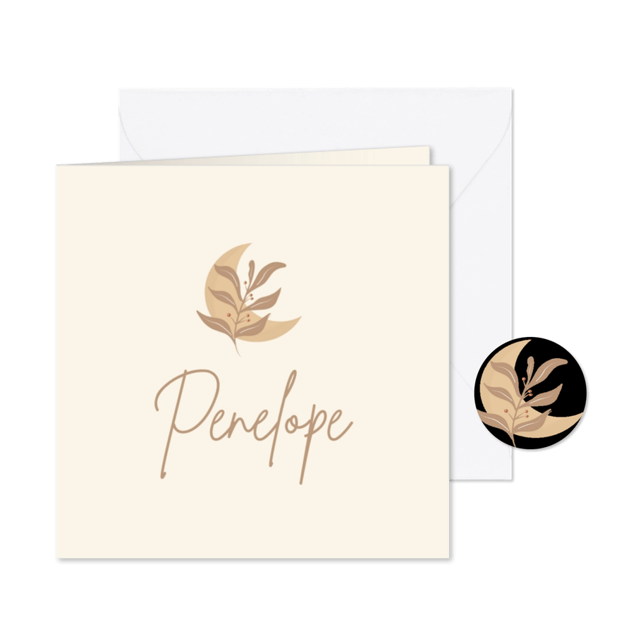 Minimalistisch geboortekaartje met maantje en takje - Kaartimpressie