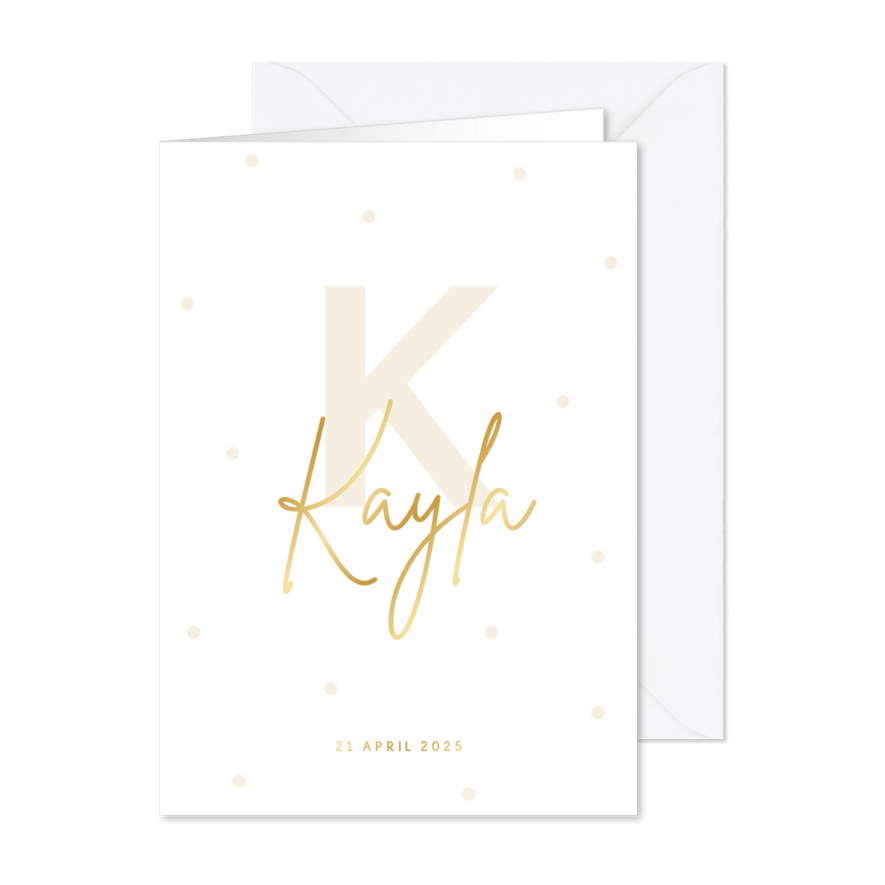Minimalistisch geboortekaartje met stipjes en initiaal goud - Kaartimpressie