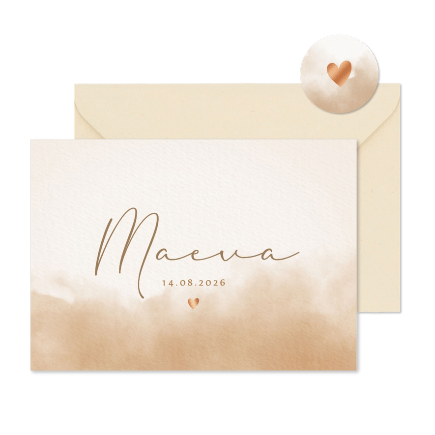  Minimalistisch geboortekaartje met waterverf en hartje - Kaartimpressie