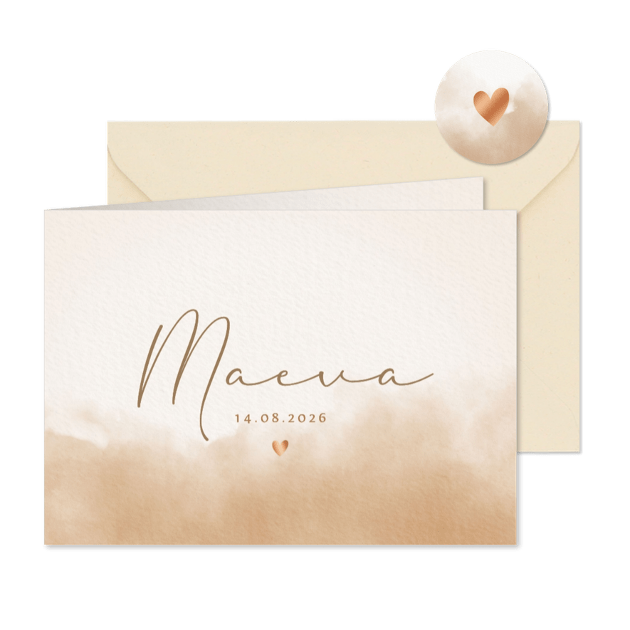  Minimalistisch geboortekaartje met waterverf en hartje - Kaartimpressie