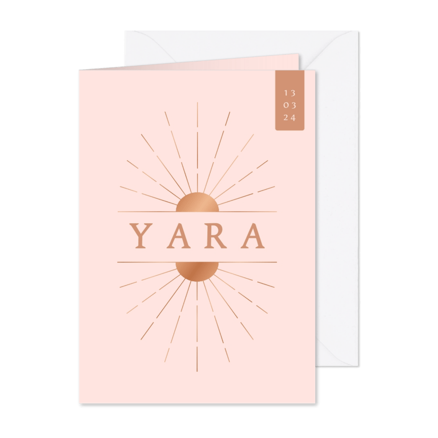 Minimalistisch geboortekaartje met zonnetje in roze & koper - Kaartimpressie