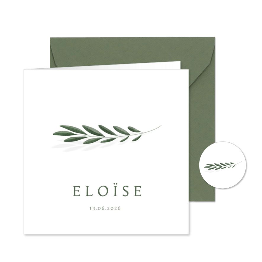 Minimalistisch geboortekaartje olijftakje - Kaartimpressie